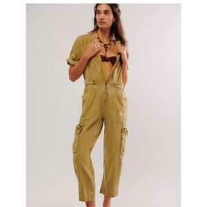 NWT. Free People Let's Ride One Piece Cargo Jumper Crushed Rosemary. XS